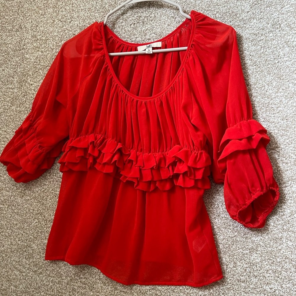Yo Los Angeles Woman’s Sexy Red Sheer Fringe Top Blouse Size Small